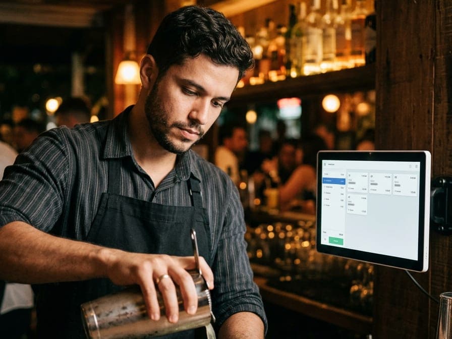 Bartender preparando um drink enquanto acompanha os pedidos na tela ao lado do balcão