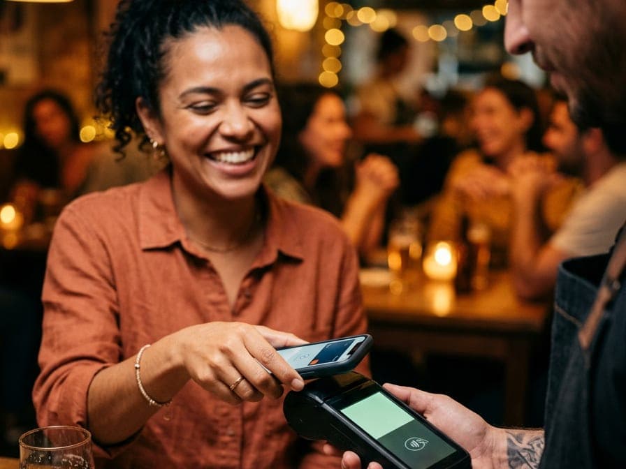 Cliente pagando a conta por aproximação na maquininha, à mesa do bar