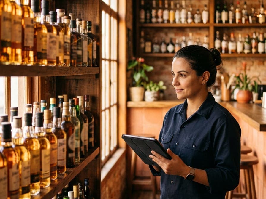 Gerente conferindo no tablet as garrafas da prateleira do bar