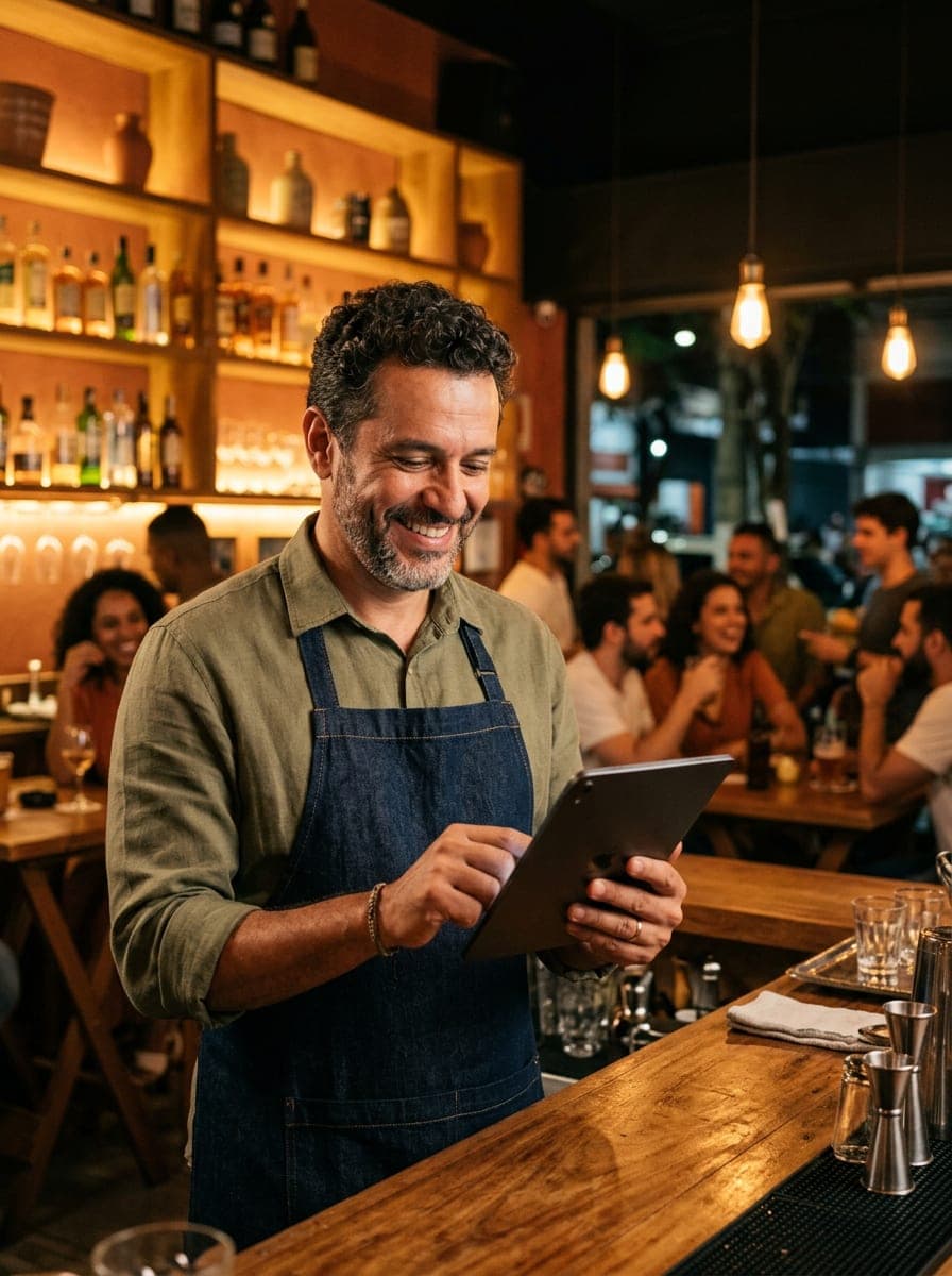 Dono de bar sorrindo atrás do balcão enquanto confere o tablet, com a casa cheia ao fundo à noite