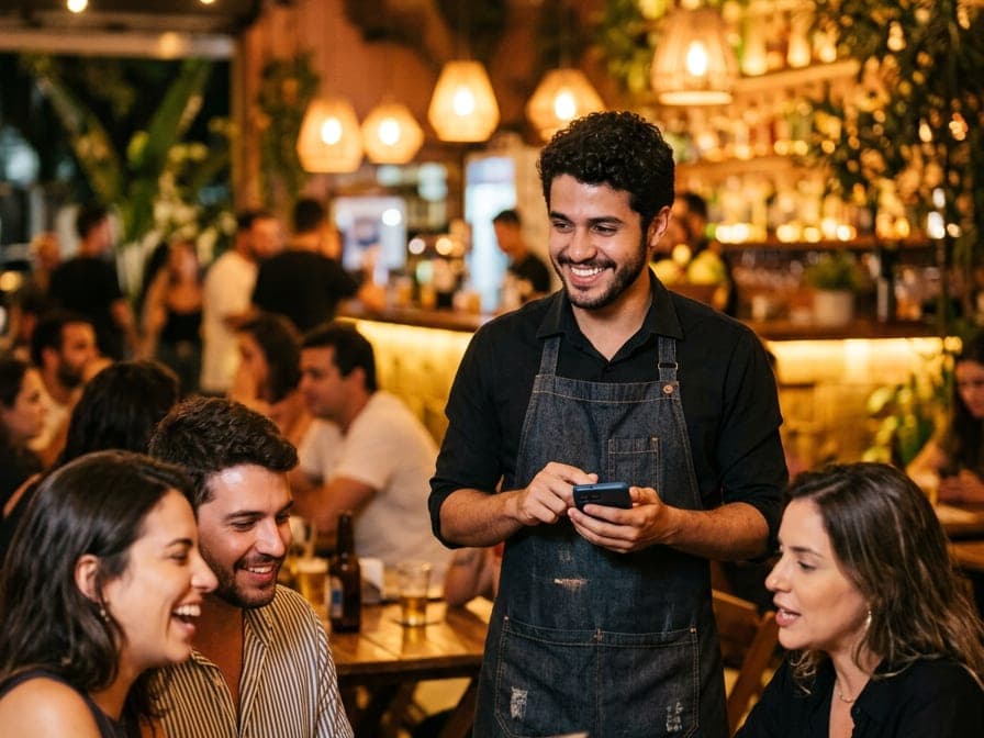 Garçom sorrindo com o celular na mão, atendendo uma mesa de amigos no bar, à noite