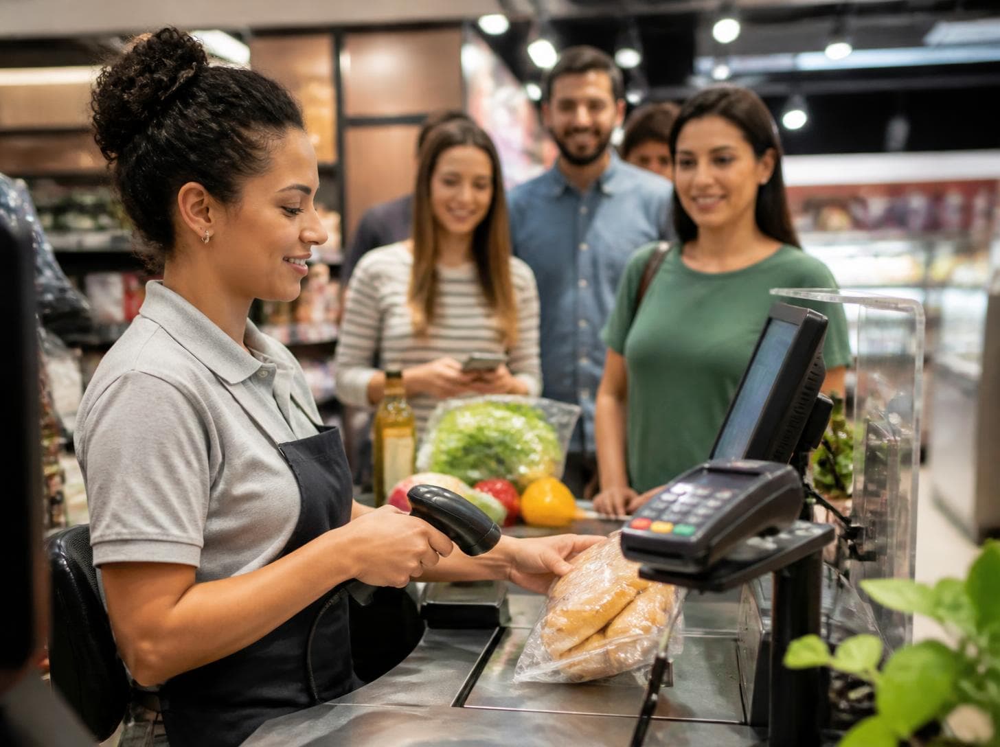 Operadora de caixa passando as compras com o leitor de código de barras, com a fila de clientes sorrindo ao fundo