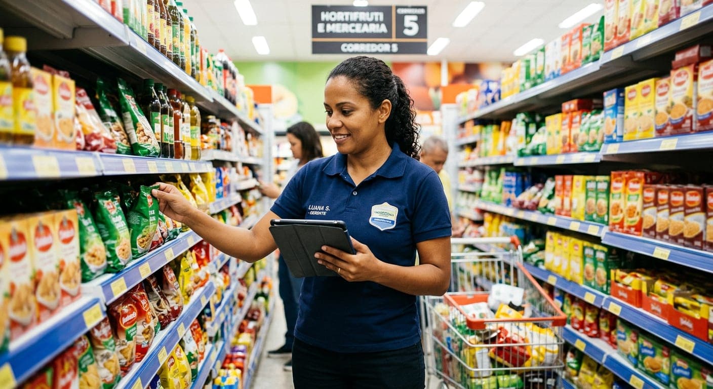 Gerente do mercado no corredor, com o tablet na mão, conferindo os produtos da gôndola