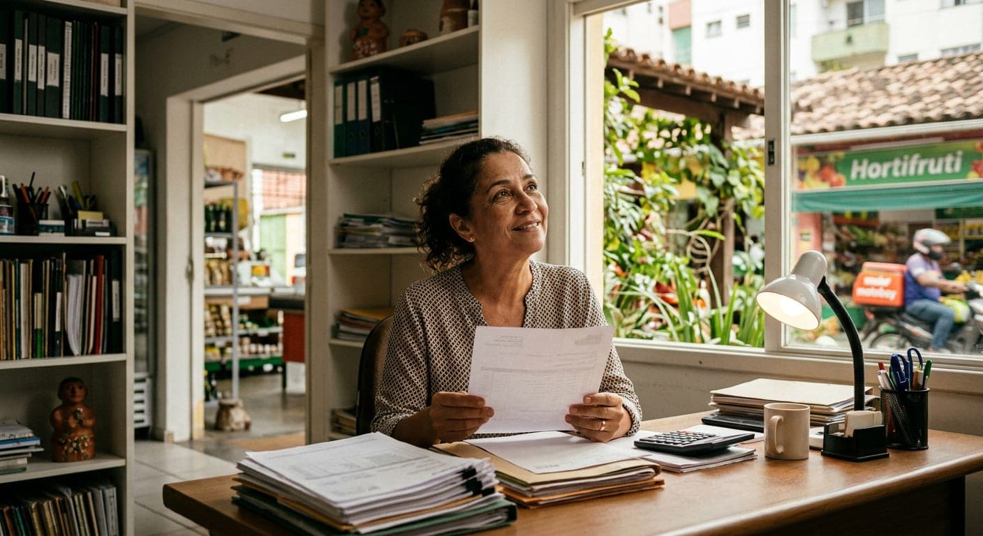 Dona do mercado na sala administrativa, com notas fiscais nas mãos e pilhas de papéis sobre a mesa