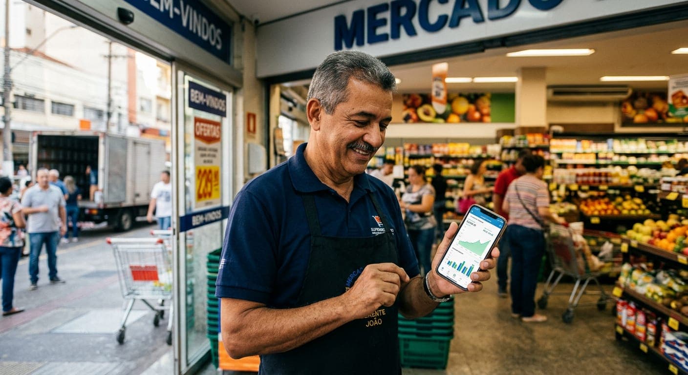 Dono do mercado na entrada da loja, sorrindo para o painel de vendas na tela do celular