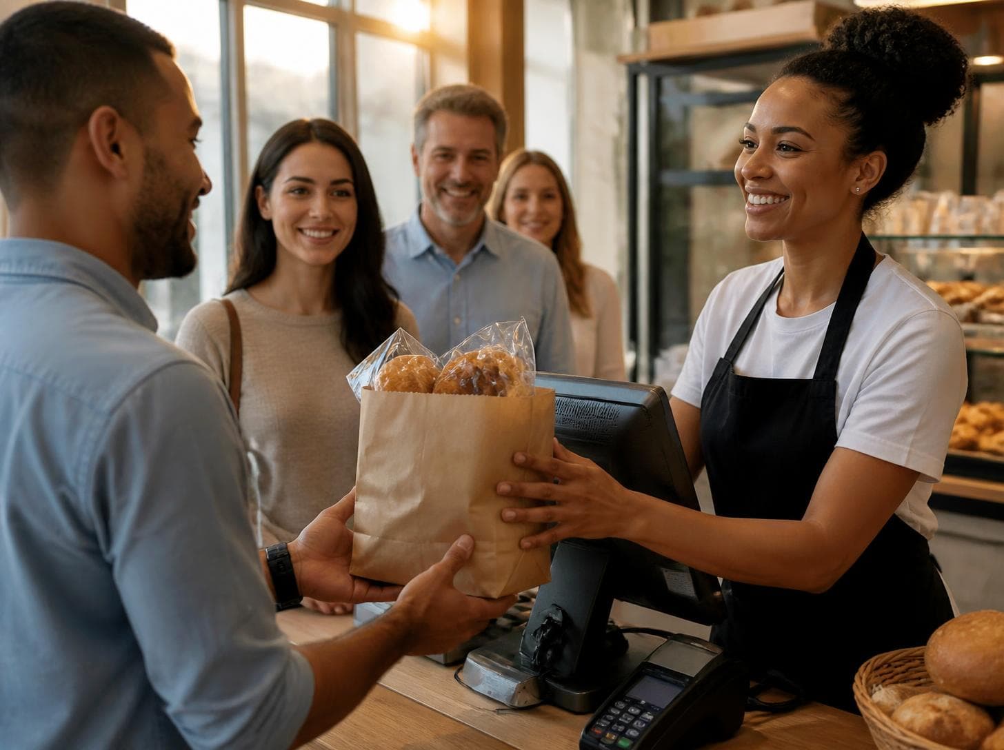 Atendente entregando ao cliente a sacola de pães no caixa da padaria, com a fila de clientes sorrindo ao fundo