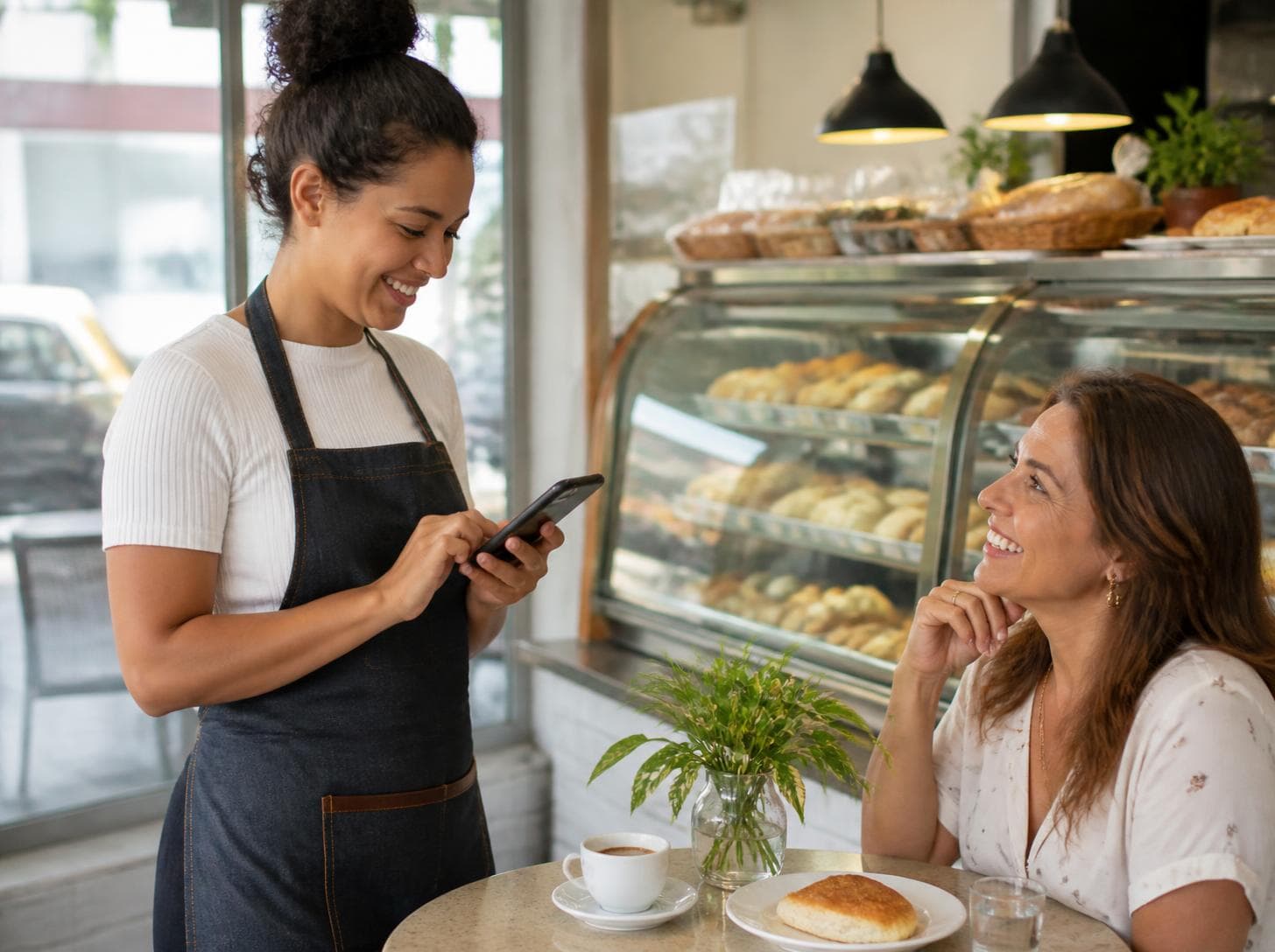 Atendente anotando no celular o pedido de uma cliente sorridente à mesa, com café e pão, diante da vitrine da padaria
