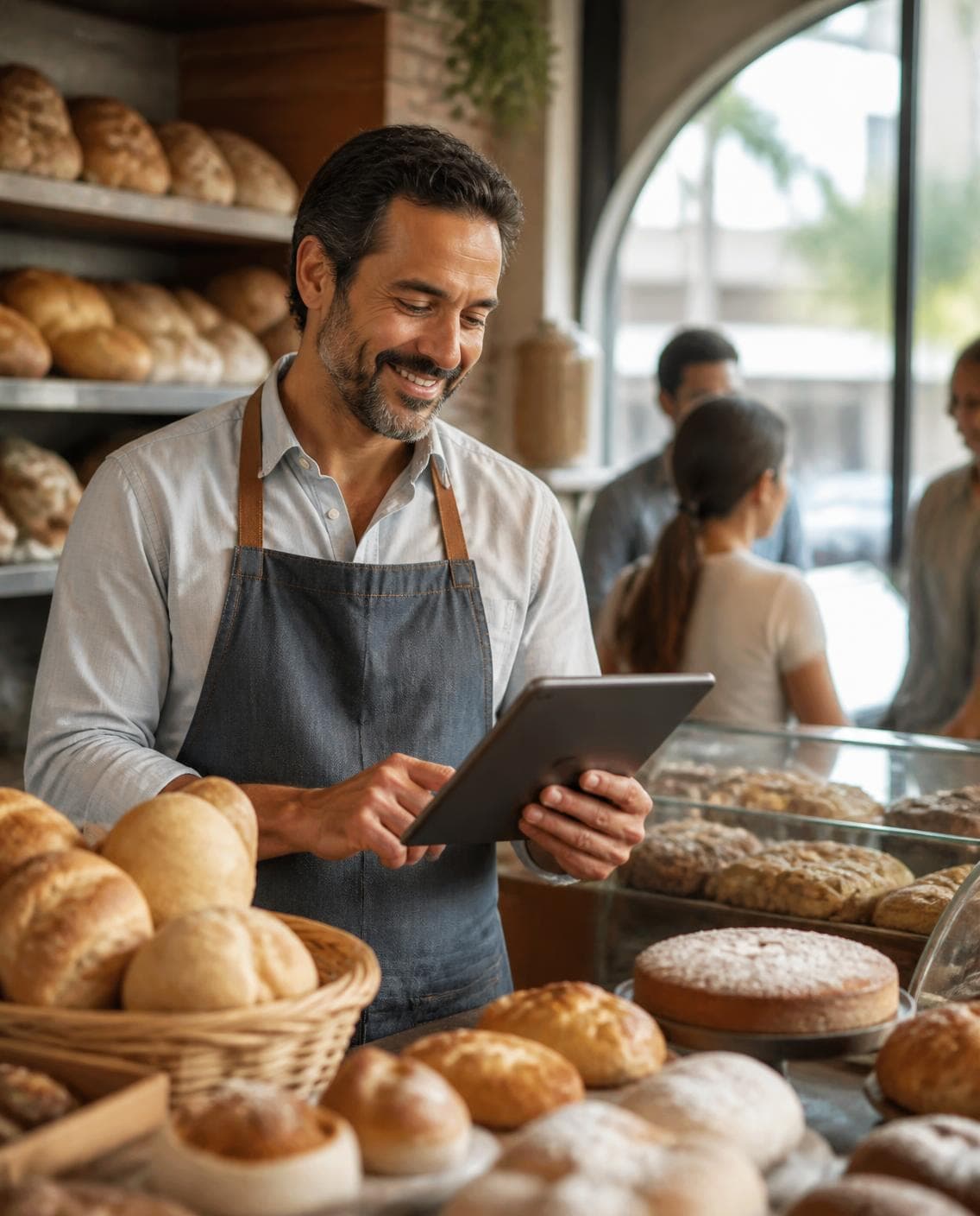 Dono de padaria sorrindo atrás do balcão de pães enquanto confere o tablet, com clientes ao fundo pela manhã