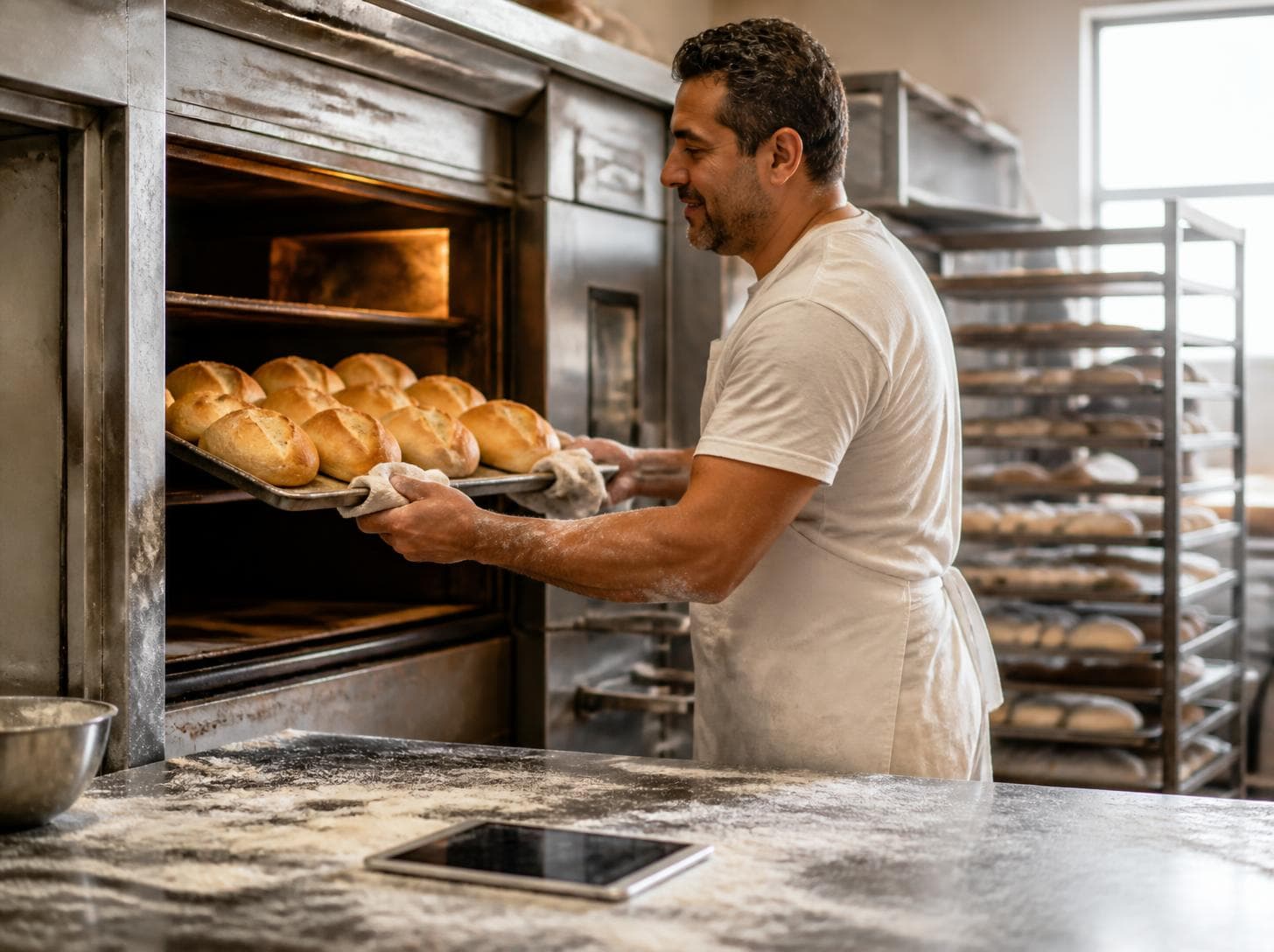 Padeiro retirando uma fornada de pães do forno, com o tablet sobre a bancada de produção