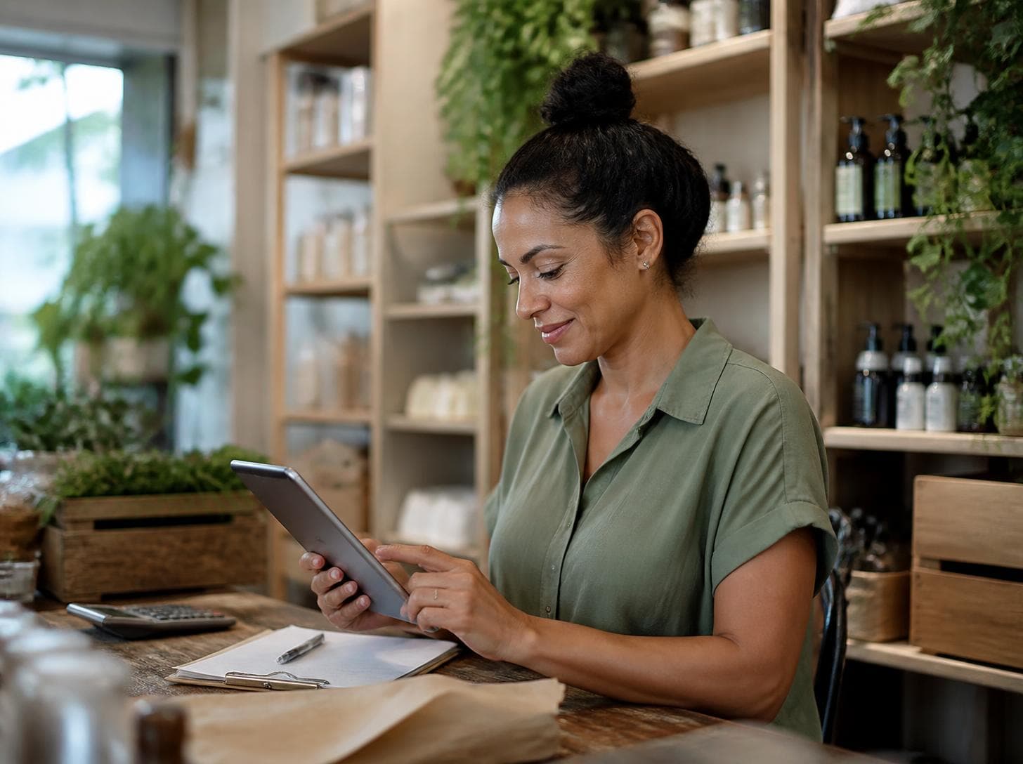 Dona da loja natural sentada à mesa, sorrindo para o painel de vendas no tablet, entre estantes de madeira e plantas
