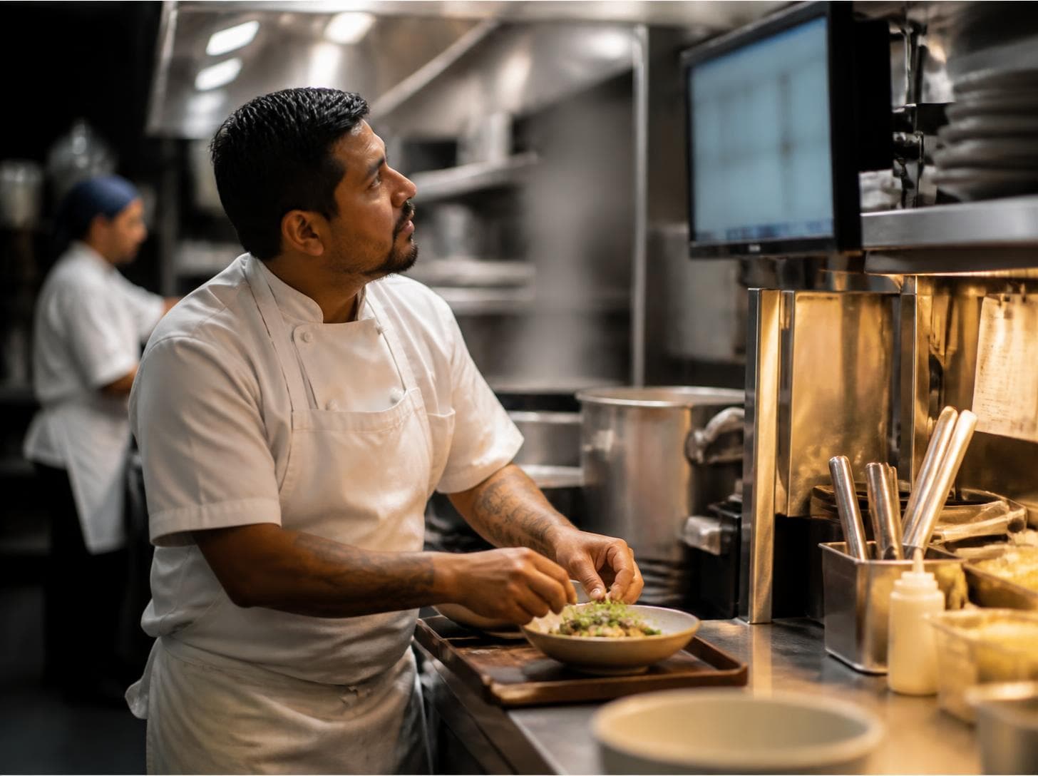 Cozinheiro montando o prato enquanto acompanha os pedidos na tela da cozinha