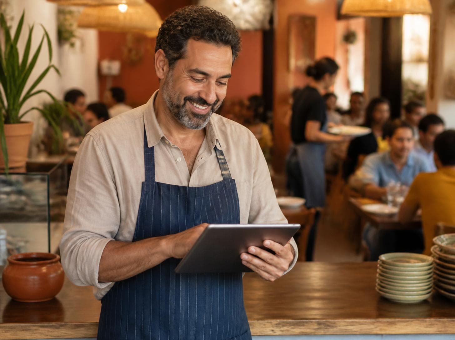 Dono de restaurante sorrindo enquanto confere o tablet no balcão, com o salão cheio ao fundo