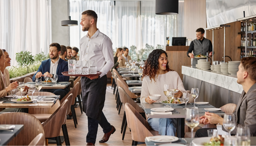 Restaurante cheio em pleno movimento