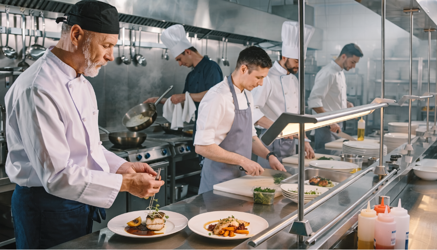 Cozinha profissional trabalhando em harmonia